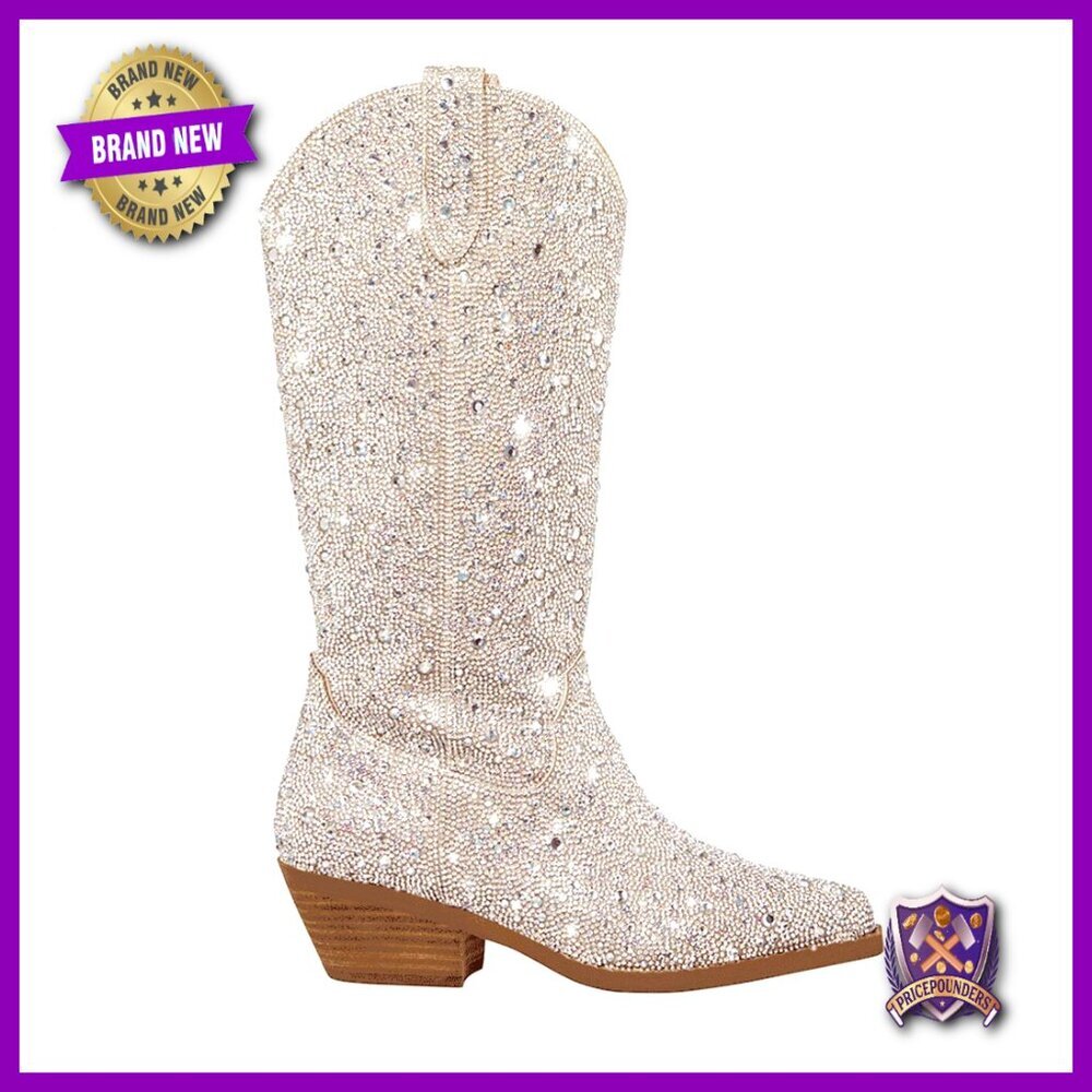 Sparkly Rhinestone Cowgirl Boots Pointed Toe Block Heel Mid Calf Western Fashion